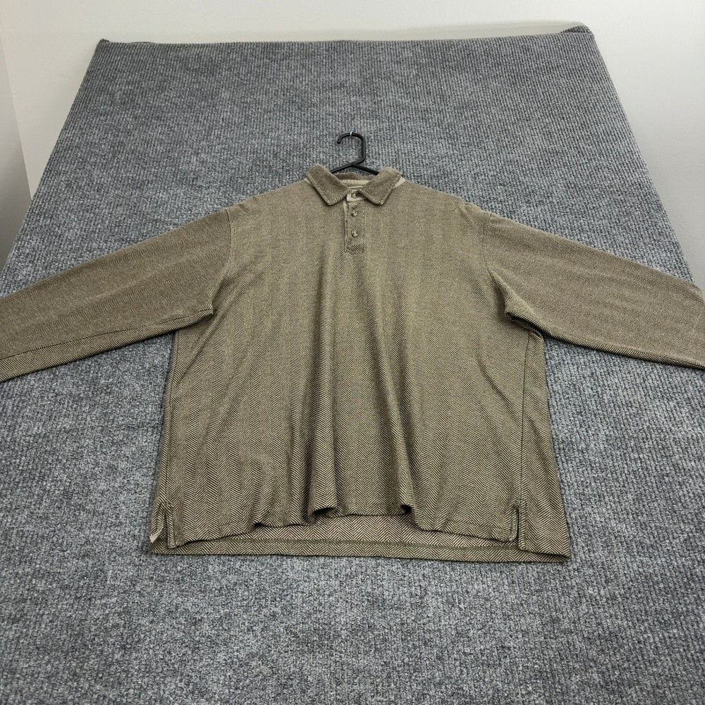 L.L. Bean Polo Shirt Mens XL Tall Brown Cotton Herringbone Long Sleeve Casual